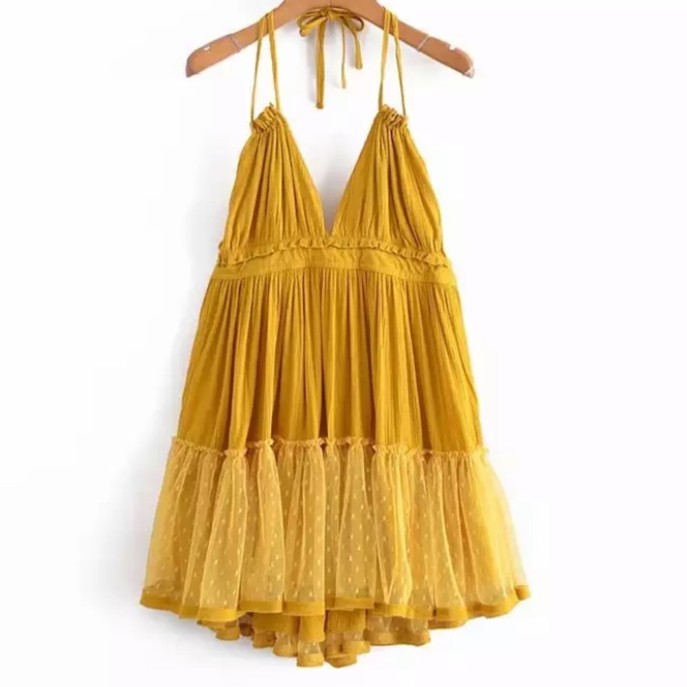 SOLD OUT Mustard Swiss Dot Ruffle Halter Dress - Picture 1 of 6